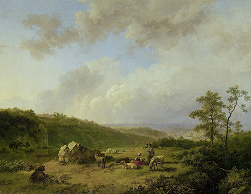 Olieverf schilderij van een landschap met boerderijdieren.